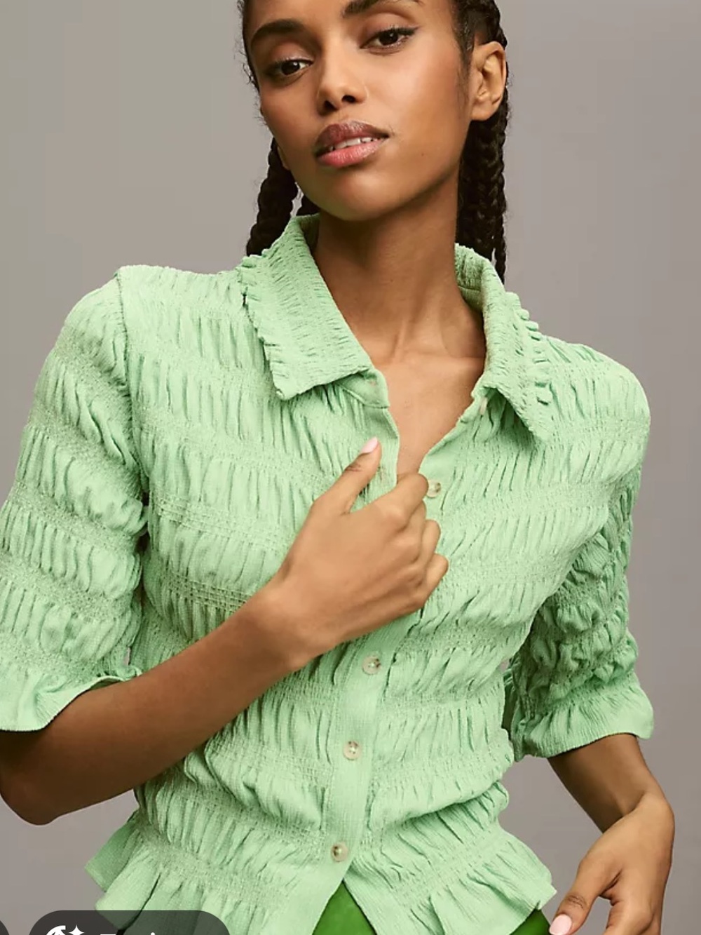 Anthropologie Mint Green Textured Ruffle Button-Down Top